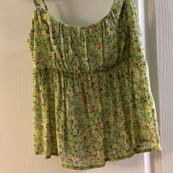 Milk Shop Lime Green Floral Spaghetti Strap Babydoll Summer Top Small - Picture 12 of 13